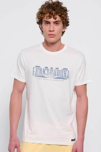 Funky Buddha ανδρικό βαμβακερό T-shirt μονόχρωμο με faded logo print μπροστά - FBM007-037-04 Κρέμ XXL